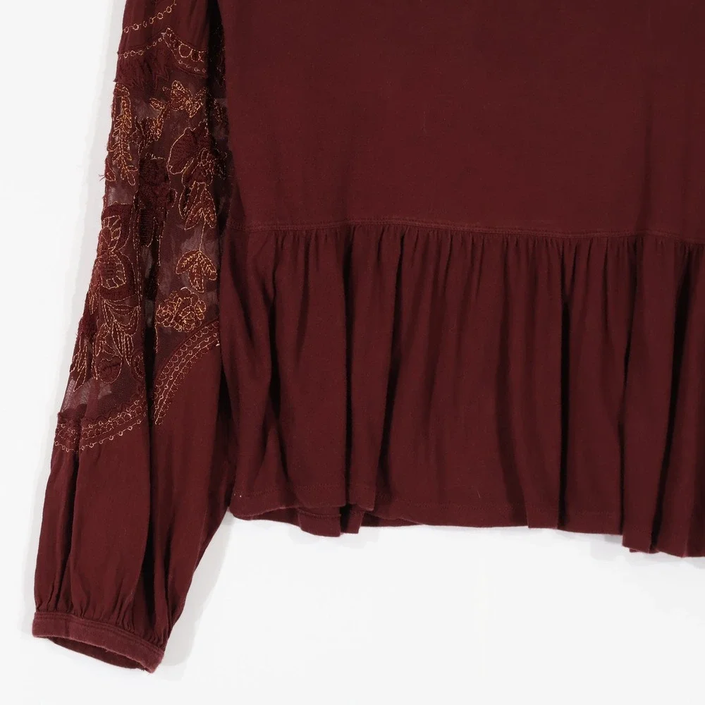 Free People Embroidered Mesh Sleeve Top Women Small Maroon Boho Babydoll